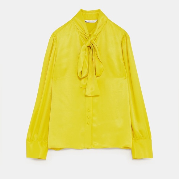 Zara yellow satin viscose neck bow tie detail button up blouse, size medium - Picture 7 of 16